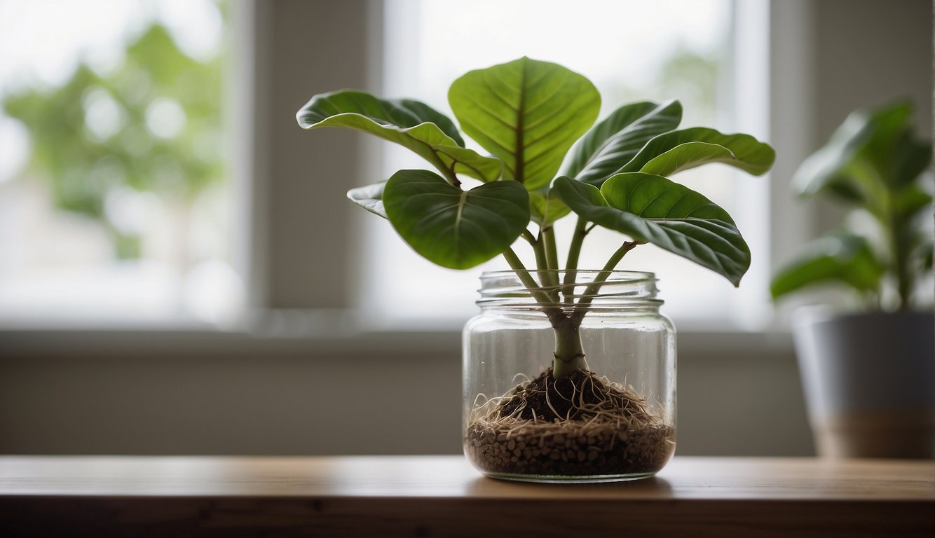 A healthy fiddle leaf fig cutting sits in a jar of water, with roots beginning to sprout from the stem.

A small, leafy tree grows nearby, showcasing the successful propagation process
