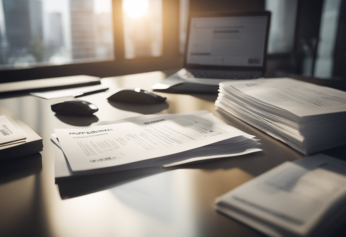 A business certificate sits on a desk, surrounded by paperwork and a computer. Light shines through a window onto the scene