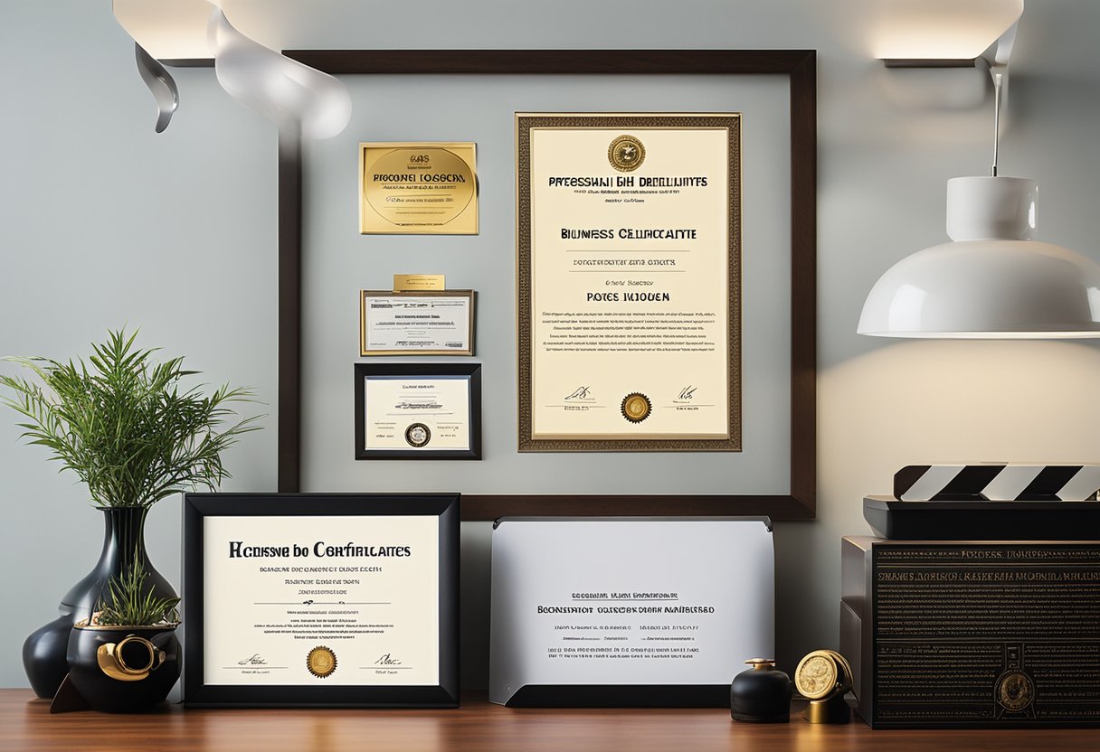 A business license certificate hangs on the wall, surrounded by framed documents and awards. The room is well-lit and organized, with a desk and computer in the background