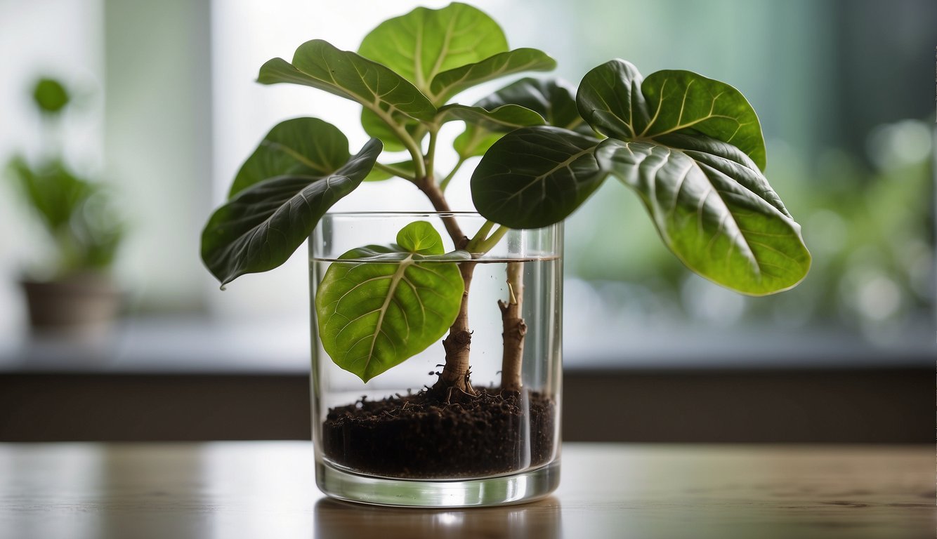 A fiddle leaf fig cutting in a glass of water, with roots beginning to grow.

A small pot filled with soil and a healthy parent plant nearby