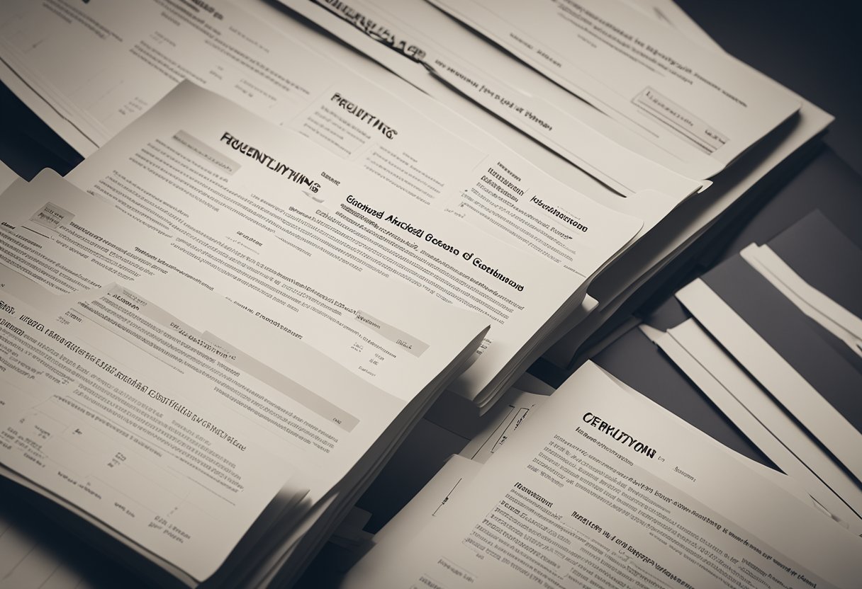 A stack of papers labeled "Frequently Asked Questions Demystifying the Certificate of Good Standing" with a guidebook and business documents scattered around