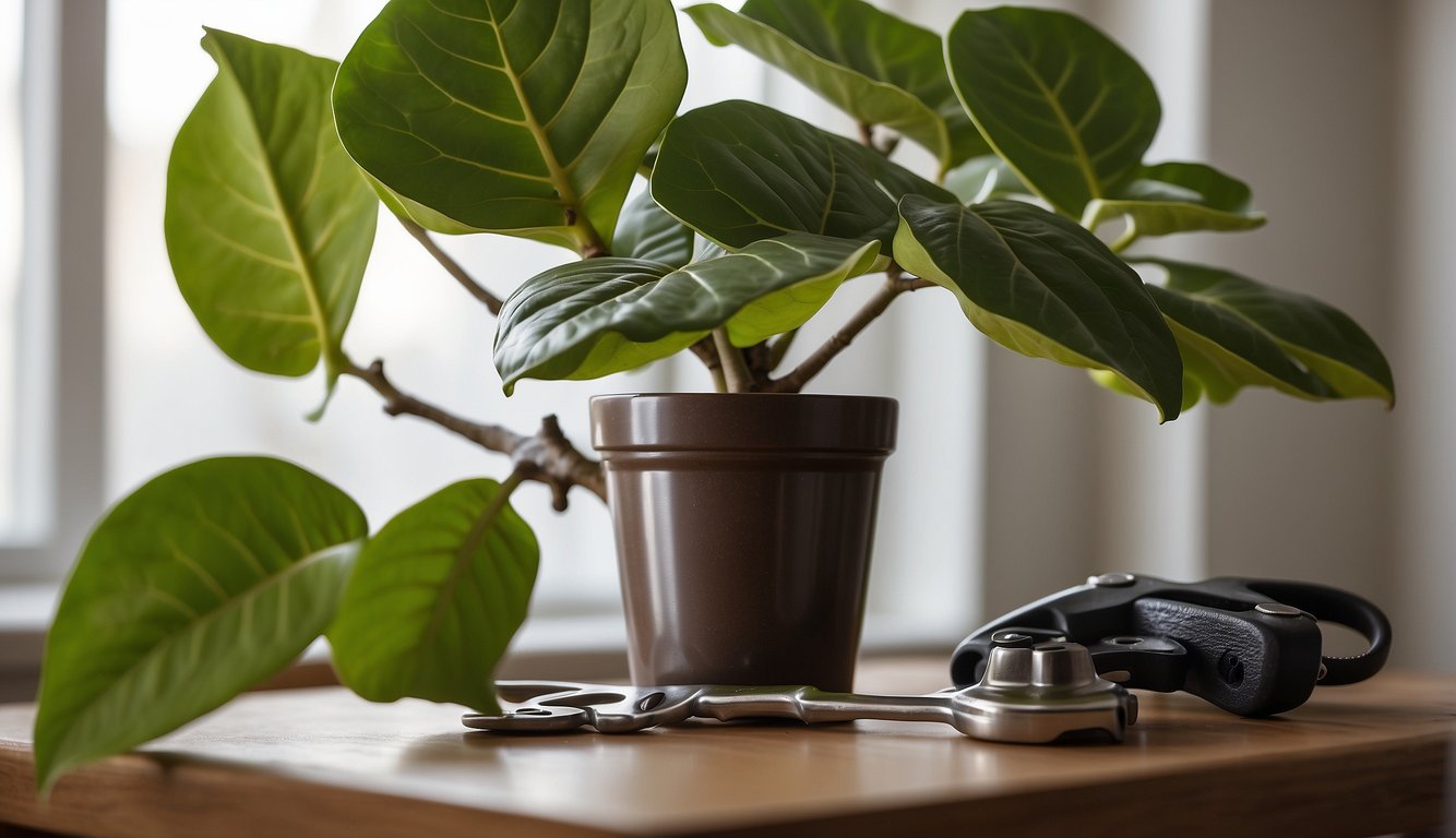 A healthy fiddle leaf fig plant with multiple large, glossy leaves and a sturdy stem.

A pair of pruning shears lies nearby, next to a small jar of rooting hormone