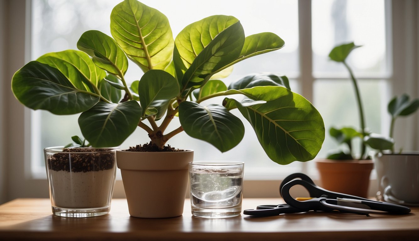 A fiddle leaf fig cutting sits in a glass of water, surrounded by gardening tools and a propagation guide.

A healthy, rooted cutting is placed next to it