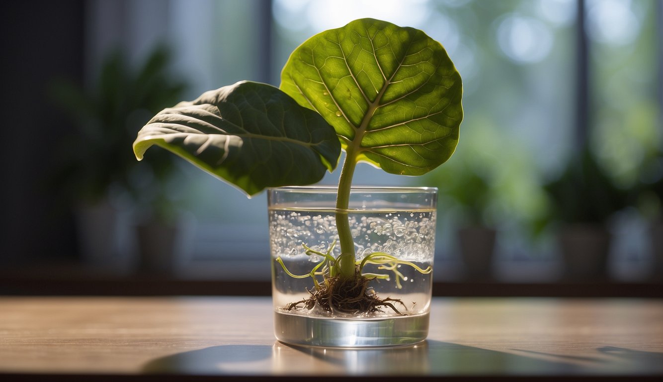 A fiddle leaf fig cutting in a glass of water, with roots starting to grow.

A new leaf is unfurling from the stem