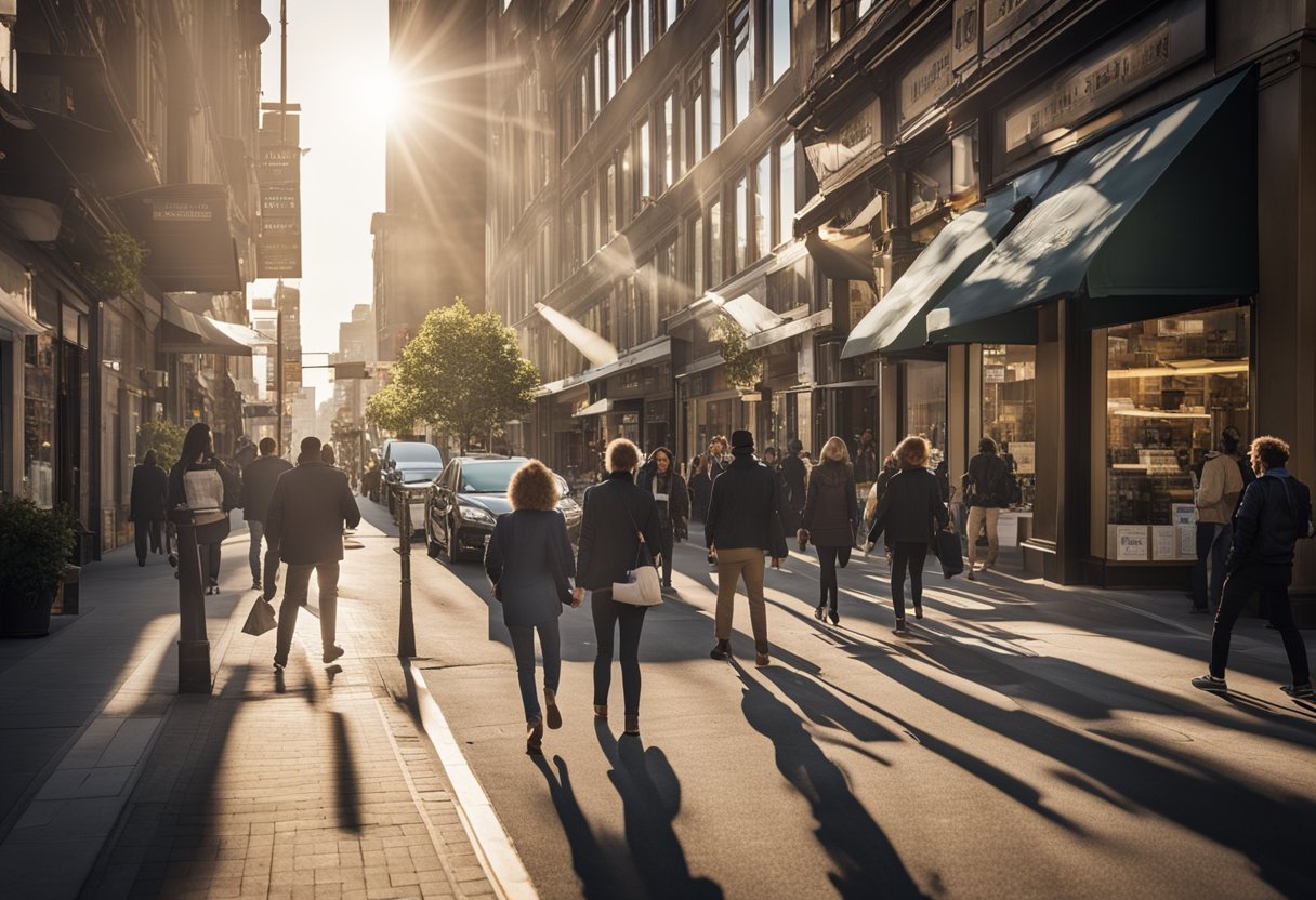 A bustling city street with a line of businesses, each proudly displaying their Certificate of Good Standing in their storefront windows. The sun shines down on the scene, highlighting the importance of this document for securing funding and avoiding delays