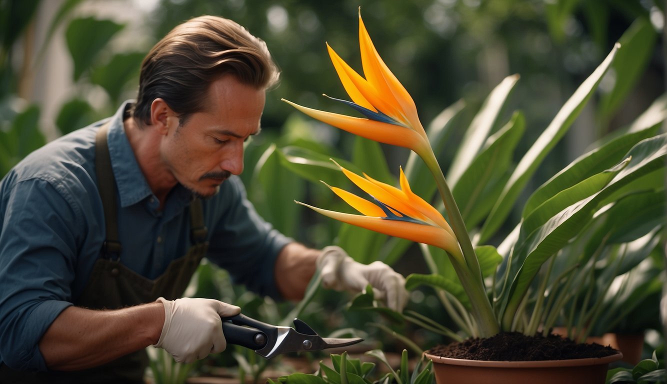 A gardener carefully selects a healthy Bird of Paradise plant and prepares to propagate it using sharp pruning shears and a sterile cutting tool