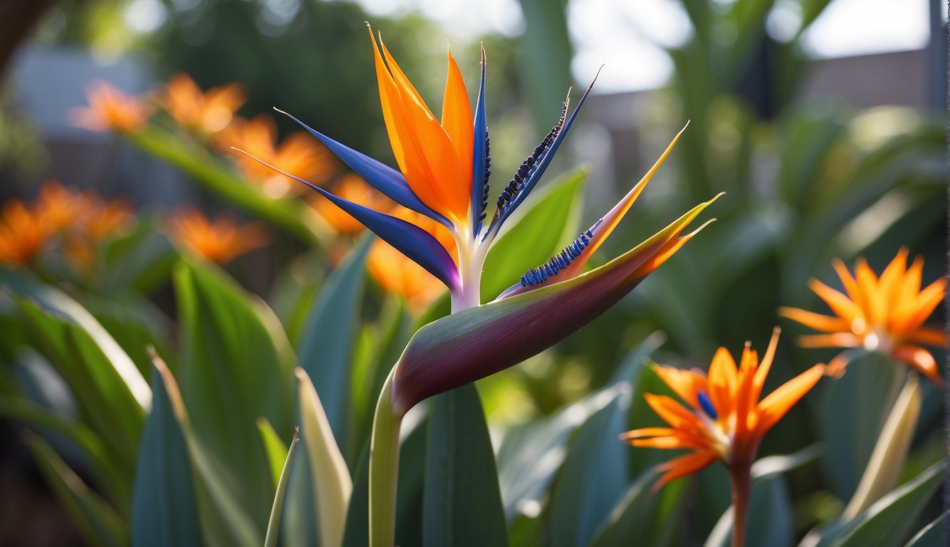 A mature Bird of Paradise plant stands tall with vibrant orange and blue flowers.

Nearby, a gardener carefully collects seeds and prepares to propagate new plants