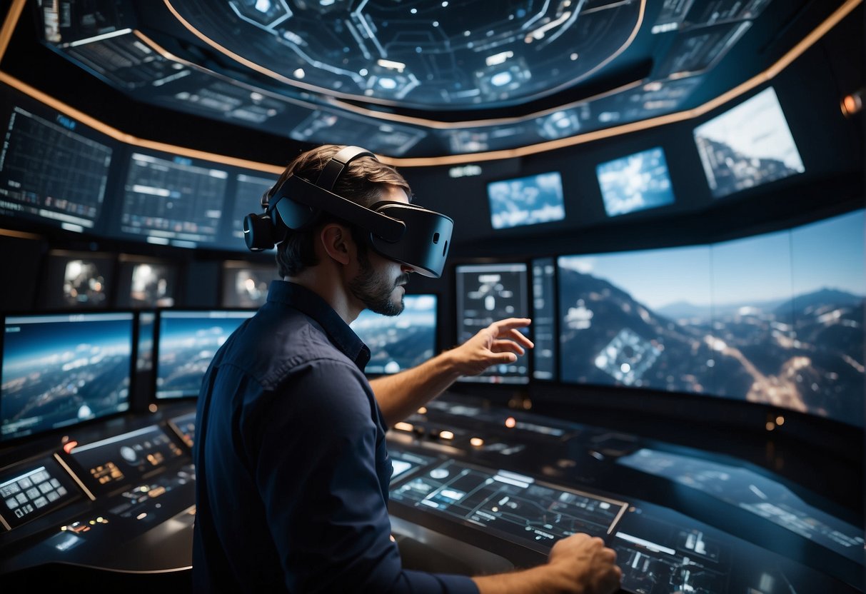 A spacecraft engineer wearing a VR headset manipulates a digital model of a spacecraft, surrounded by screens displaying simulations and data