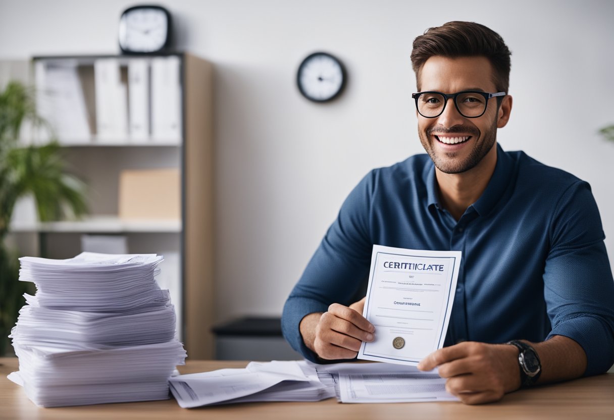 A business owner eagerly holds a Certificate of Good Standing while surrounded by documents and a stack of cash, symbolizing the benefits of having the certificate for securing funding and avoiding delays