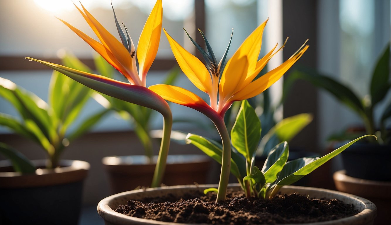 A Bird of Paradise plant is being carefully divided and replanted in rich soil, with bright sunlight streaming in through a nearby window