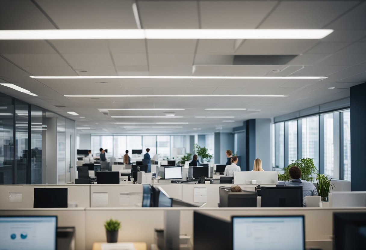 A bustling office with a "Certificate of Good Standing" prominently displayed on the wall. Busy employees working efficiently, with no delays in securing funding