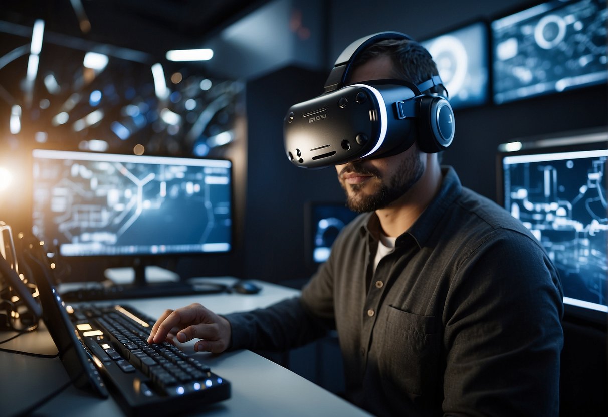 A spacecraft engineer uses VR to design and simulate spacecraft in a high-tech lab with advanced visualization tools and interactive interfaces