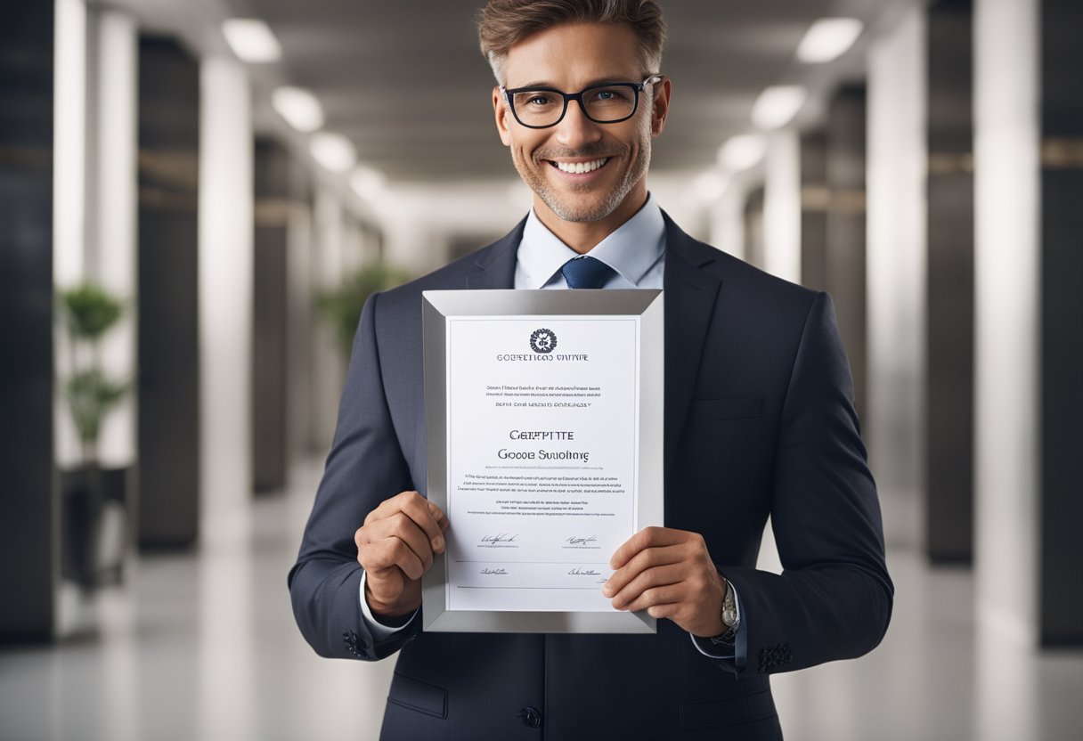 A business owner holds a Certificate of Good Standing, surrounded by a clear path and a secure vault, symbolizing growth and funding opportunities