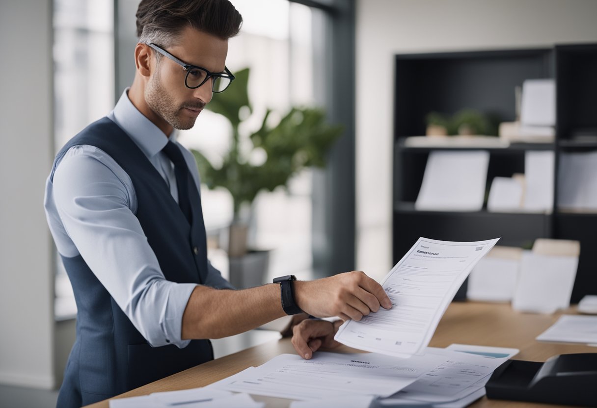 A business owner submitting paperwork to a government office, with a stack of documents and a certificate of good standing highlighted