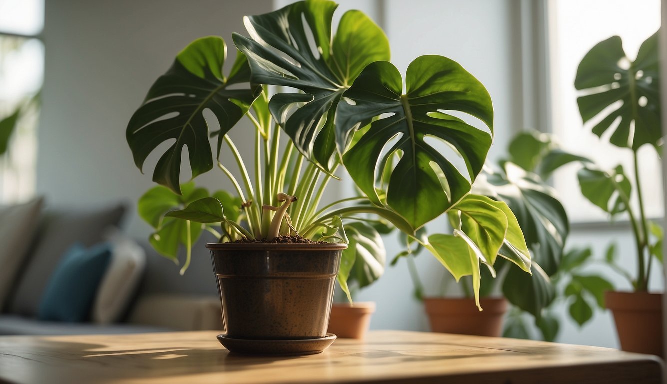 A mature Monstera Deliciosa plant sits in a bright, airy room.

A small cutting with roots is placed in a glass of water nearby. A pair of pruning shears and a pot of soil are ready for propagation
