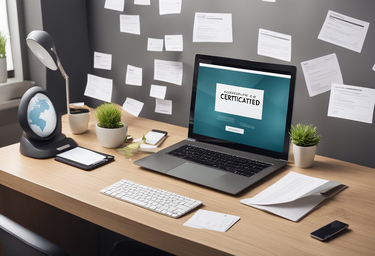 A busy office desk with a computer, phone, and paperwork. A prominent document labeled "Certificate of Good Standing" is displayed