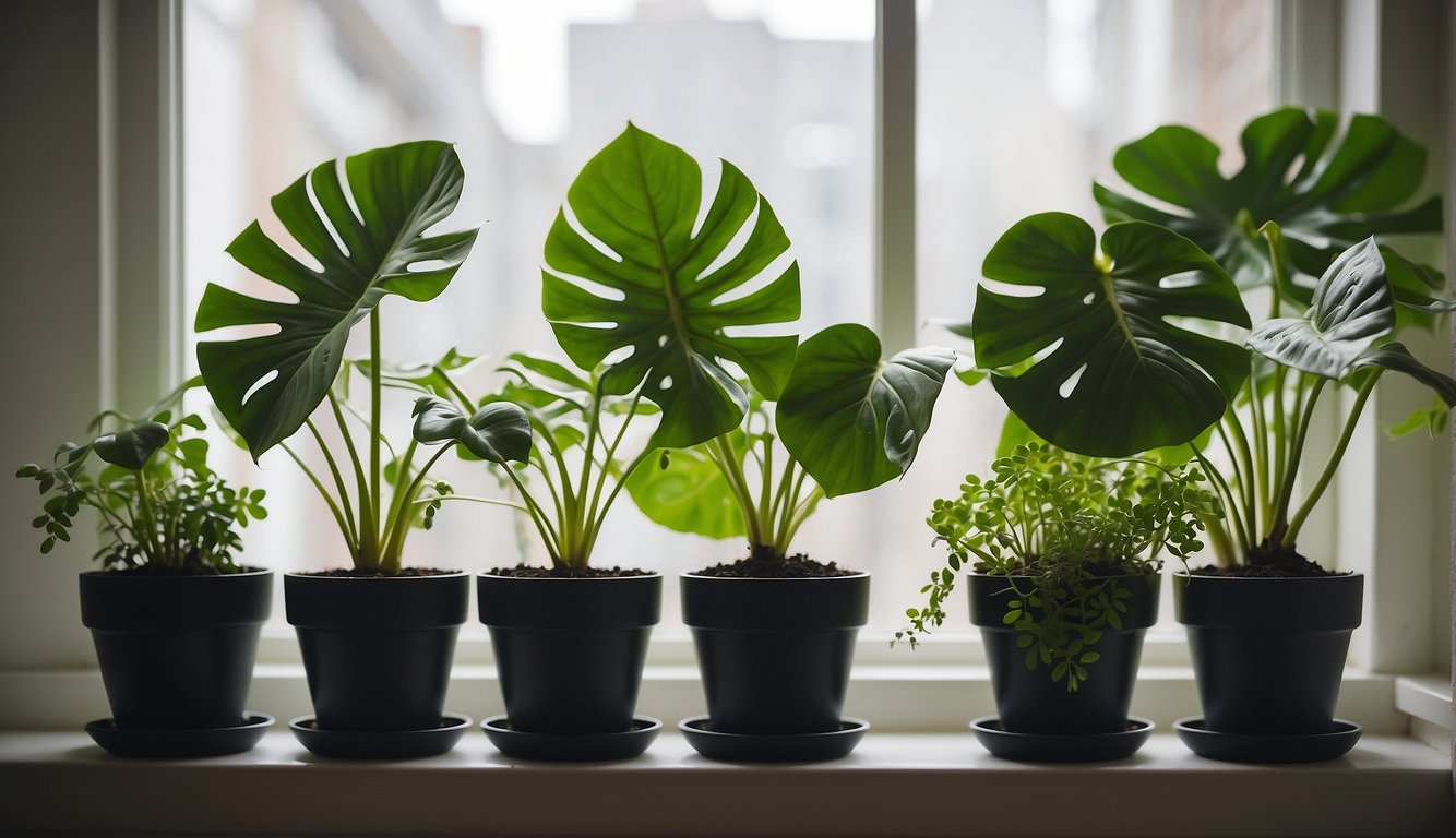A Monstera Deliciosa plant sits on a windowsill, surrounded by small pots of soil and water-filled propagation vessels.

A pair of healthy, leafy cuttings are being carefully placed into the vessels, ready to grow into new plants