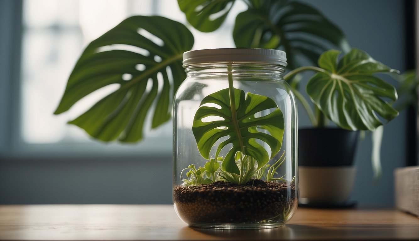 A Monstera Deliciosa cutting is placed in a jar of water, with a node submerged.

Roots begin to grow from the node, while a new leaf unfurls from the cutting