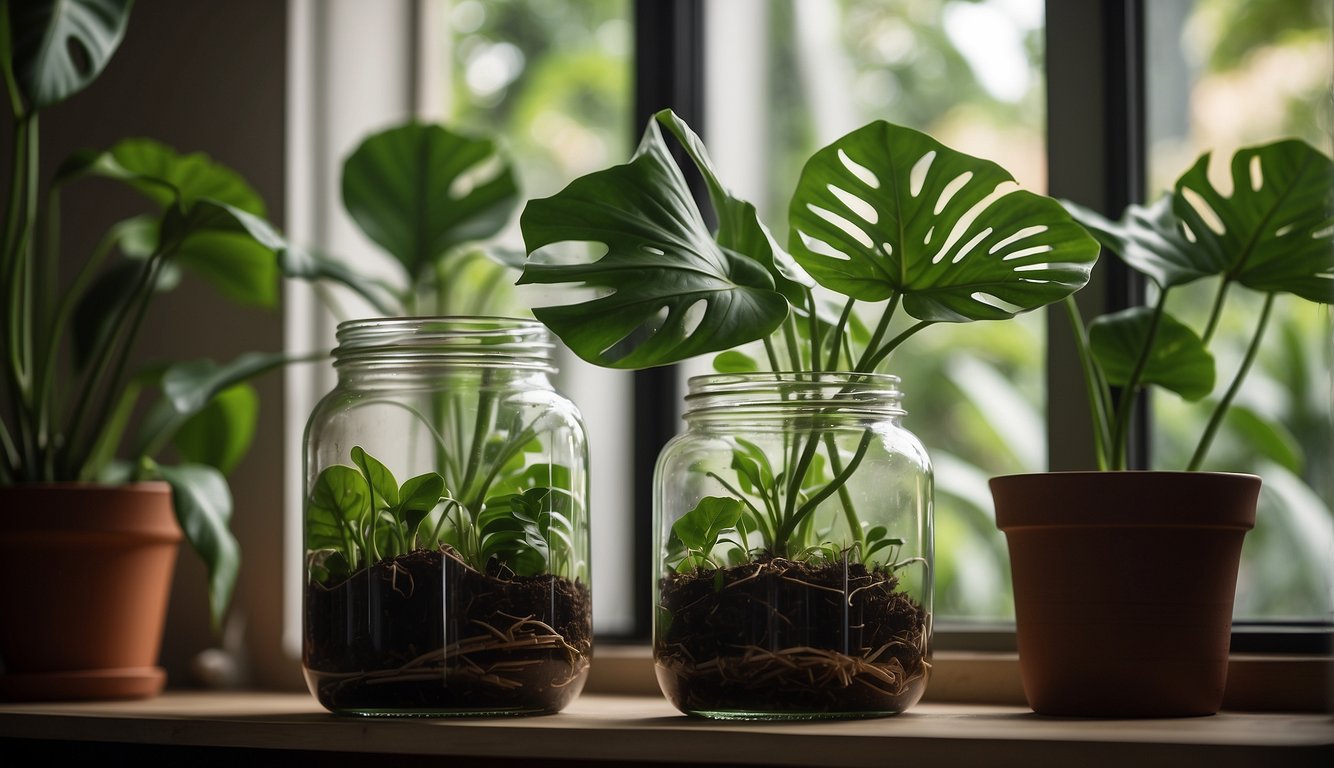 Lush green Monstera cuttings sit in water-filled jars, roots beginning to form.

A book titled "Monstera Deliciosa Propagation: A Simple Guide to Expanding Your Jungle" lays open nearby