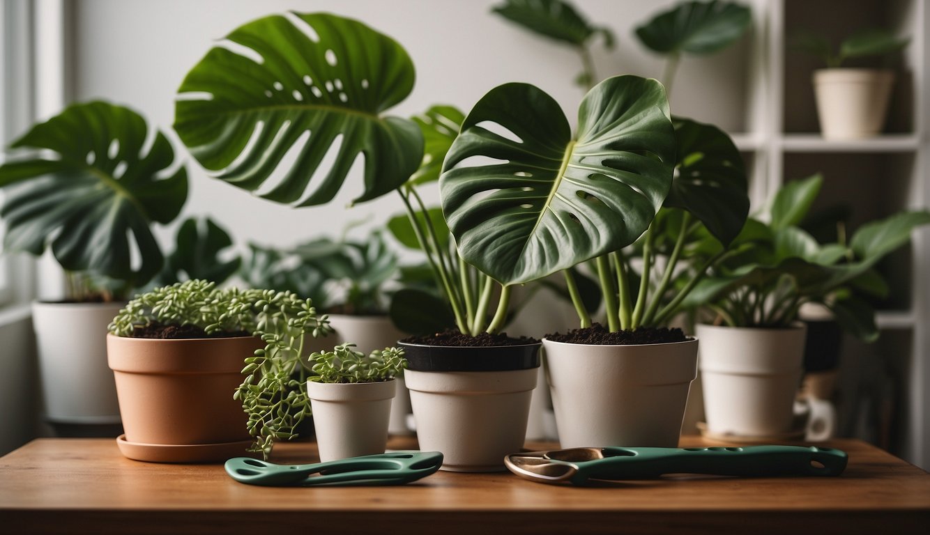 A monstera deliciosa plant sits on a table, surrounded by pots, soil, and gardening tools.

A book titled "Monstera Deliciosa Propagation" is open, showing step-by-step instructions