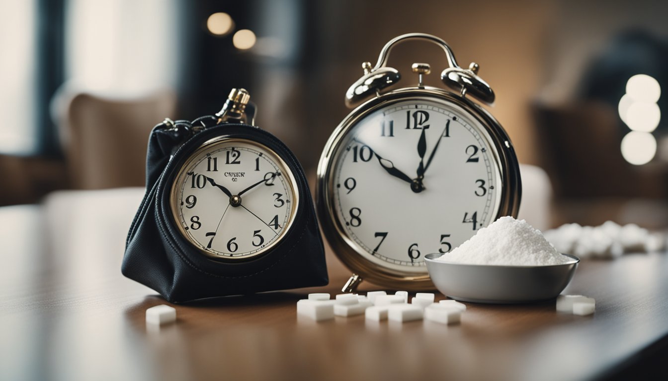 A bag of cocaine sits on a table, with a clock in the background showing the passage of time