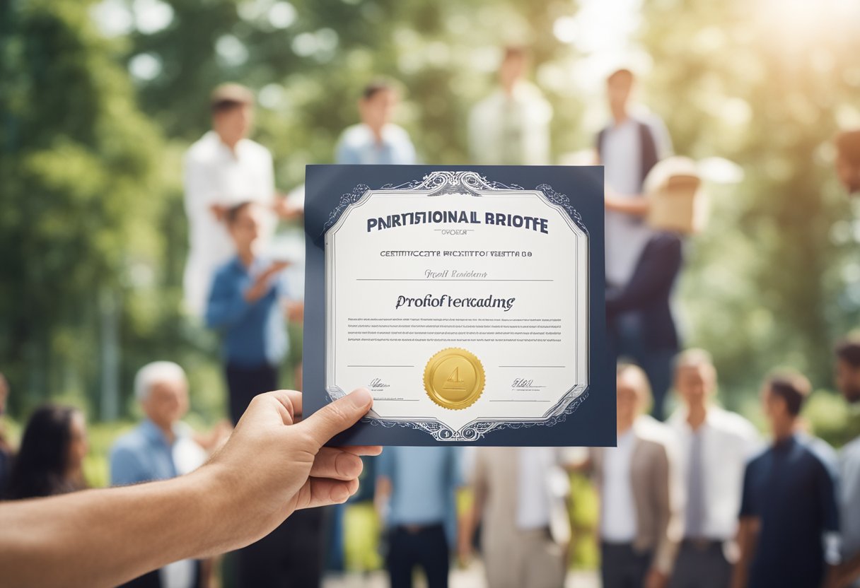 A hand holding a certificate with a seal, surrounded by partners shaking hands and smiling, symbolizing trust and good standing