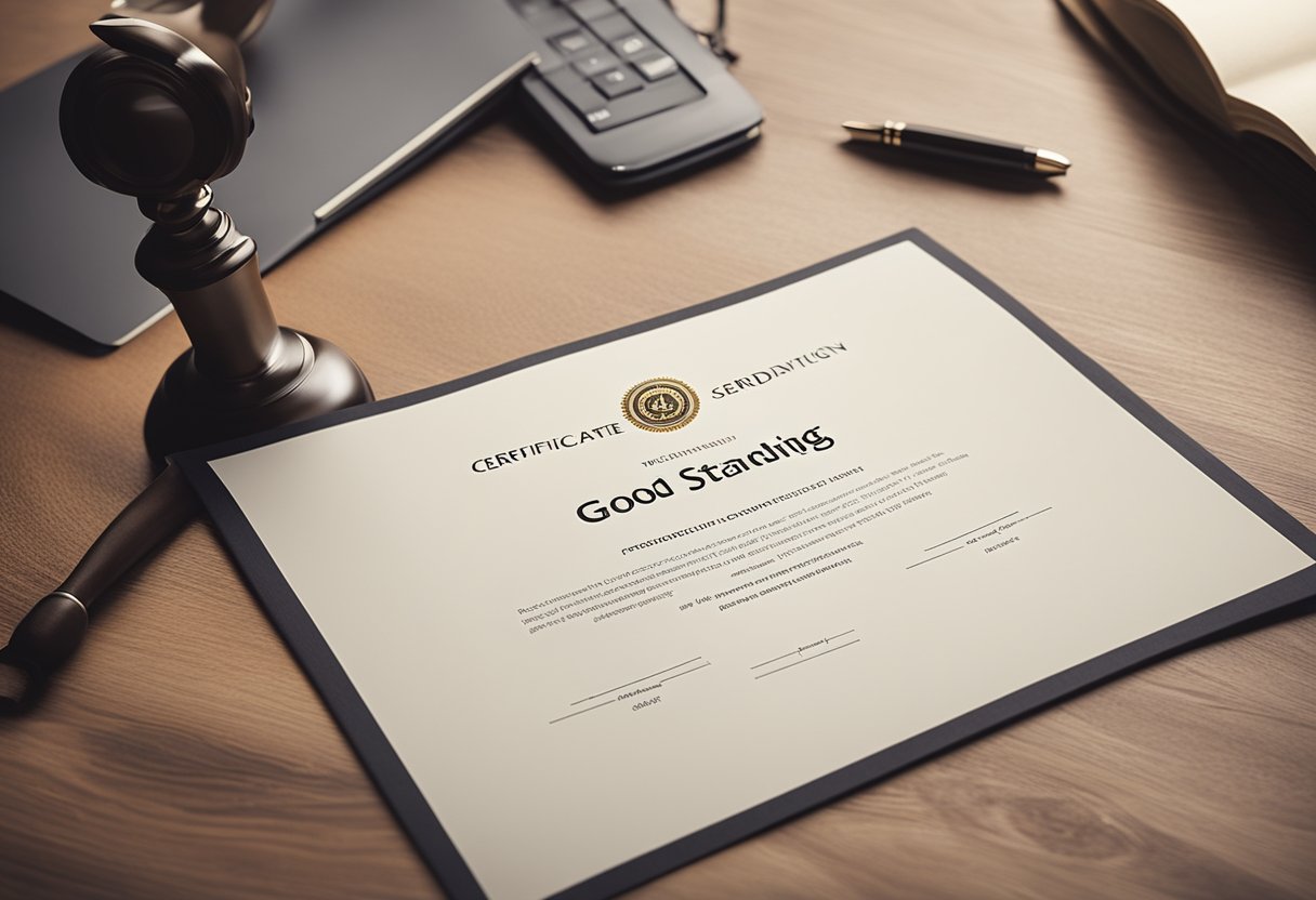 A certificate of good standing displayed prominently on a desk, surrounded by professional documents and a handshake with a partner