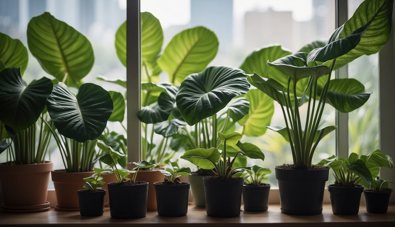 Lush Alocasia plants sit on a bright windowsill.

A pair of hands carefully tend to the plants, using stem cuttings to propagate new growth