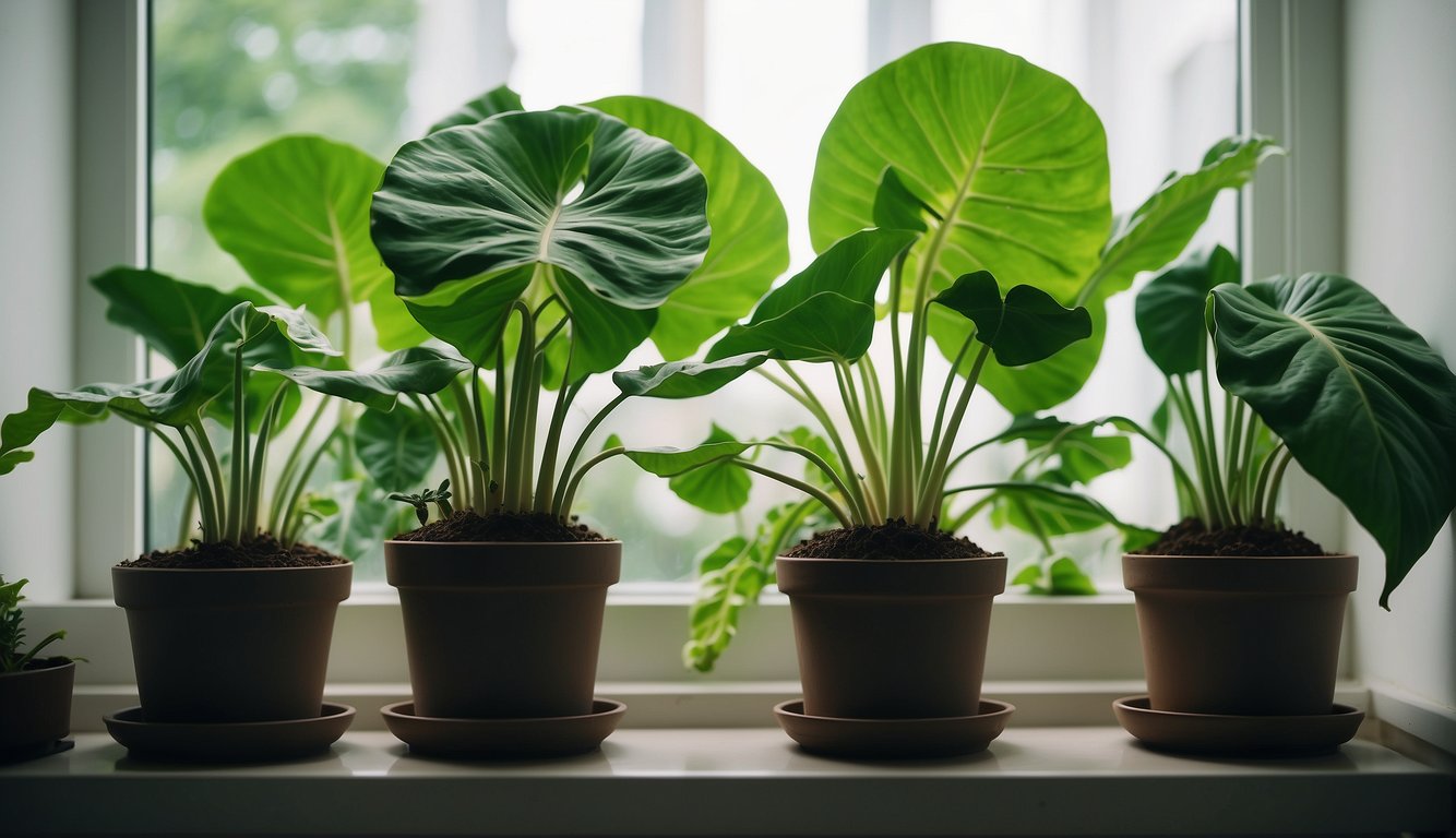 Lush Alocasia plants sit on a bright, airy windowsill.

A gardener carefully separates rhizomes, placing them in moist soil. New growth emerges