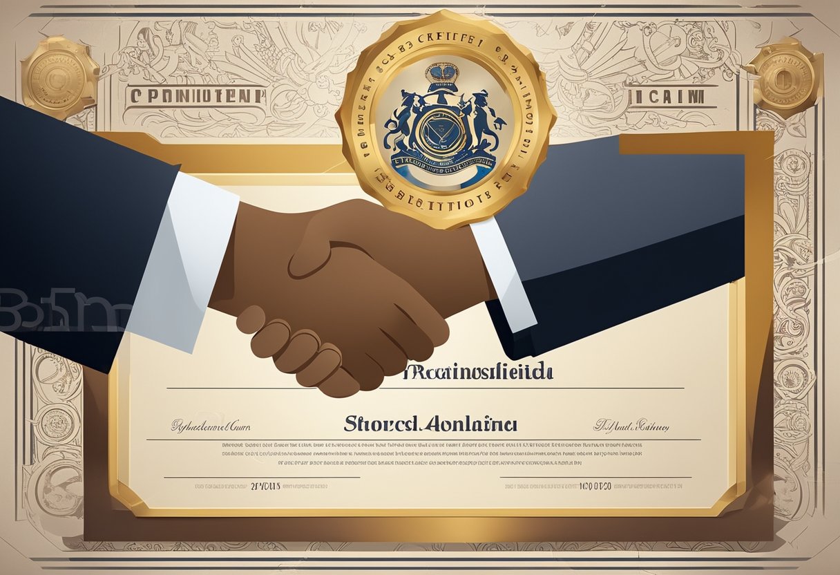 A hand holding a certificate with a seal, surrounded by symbols of partnership and trust, such as a handshake, a scale, and a lock