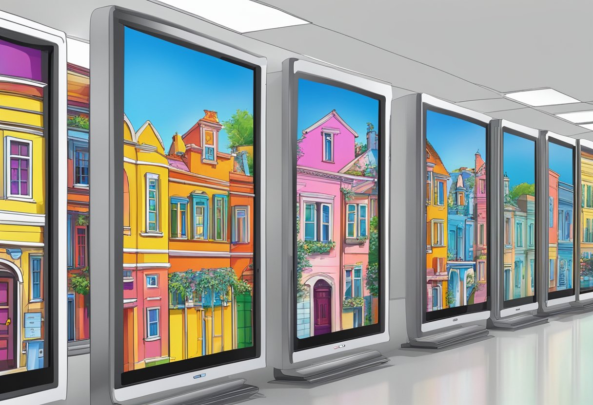 A row of 70" touch screen LCD displays glowing with vibrant colors and interactive graphics