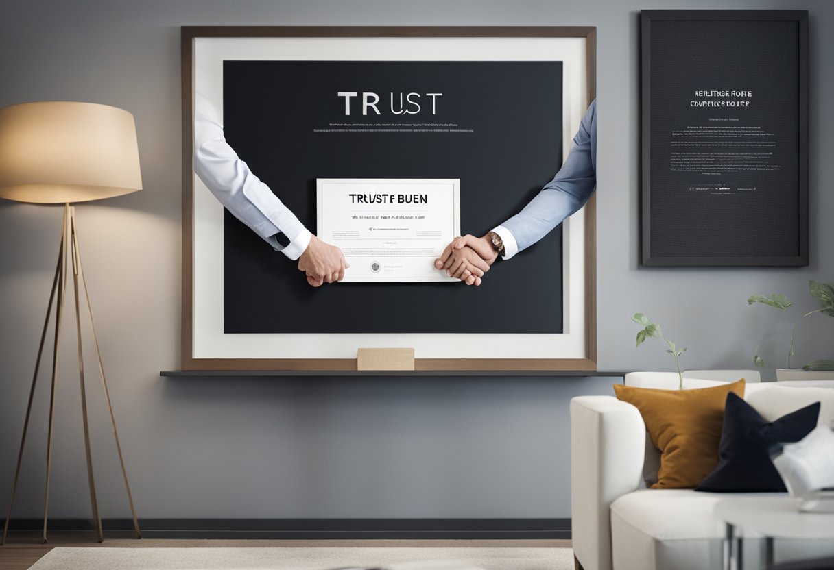 A handshake between two partners, with a framed certificate on the wall behind them, symbolizing trust and strong business relationships