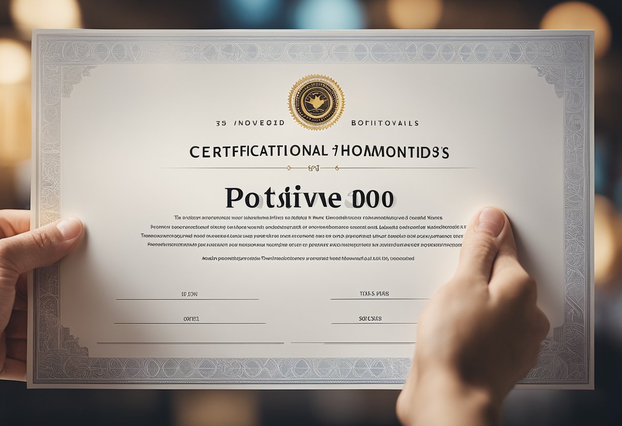 A hand holding a certificate with a seal, surrounded by partners' logos and positive testimonials