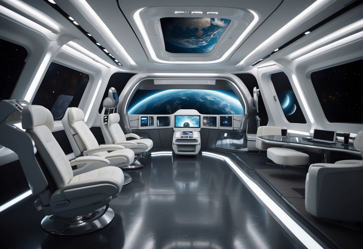 Adapting to Microgravity - A spacious, futuristic spacecraft interior with ergonomic furniture and floating objects, showcasing the adaptation to microgravity