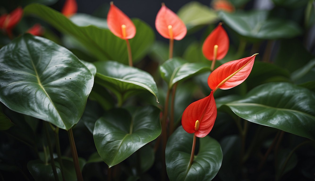 Lush green leaves and vibrant red flowers of Anthurium Andraeanum cuttings growing into flourishing plants