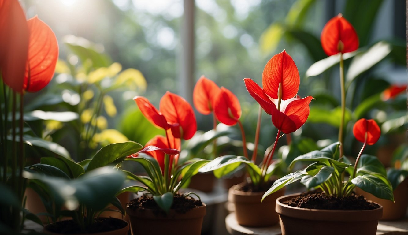 Bright sunlight filters through a greenhouse window, illuminating a vibrant Anthurium Andraeanum plant.

Lush green leaves and striking red flowers stand out against the backdrop of rich, fertile soil and carefully tended cuttings