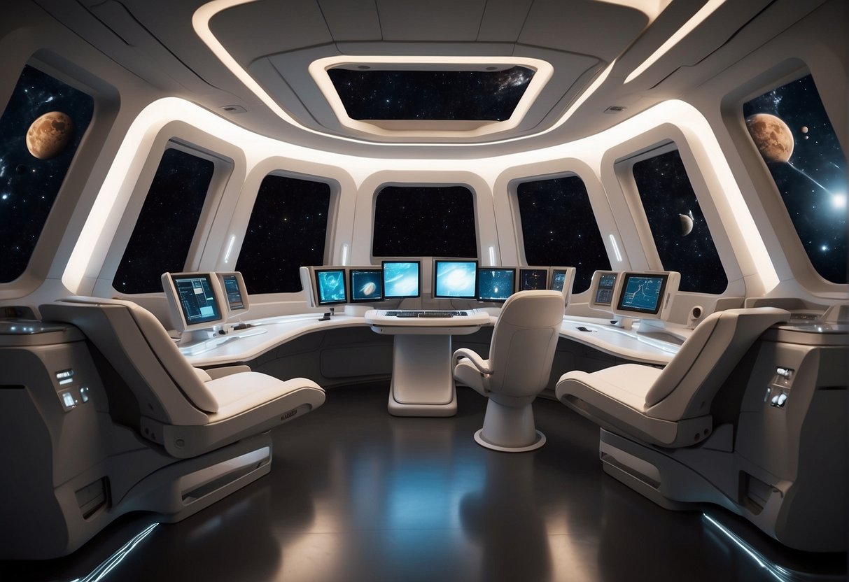 A spacious spacecraft interior with modular, ergonomic furniture and curved walls to accommodate microgravity. Lighting is adjustable and there are designated areas for work, relaxation, and exercise
