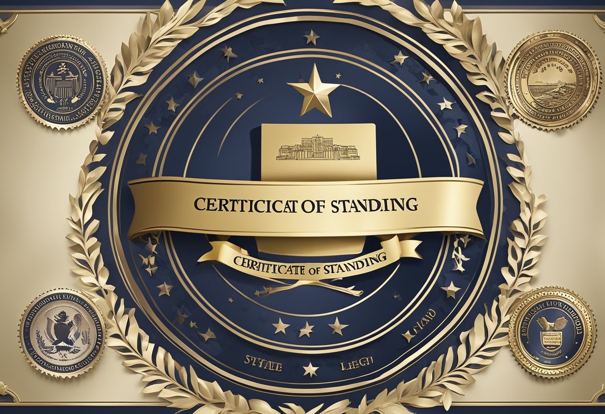 A state seal stamped on a document labeled "Certificate of Good Standing" with a ribbon across the bottom. The document is surrounded by legal and business symbols, representing state requirements and ease of obtaining the certificate