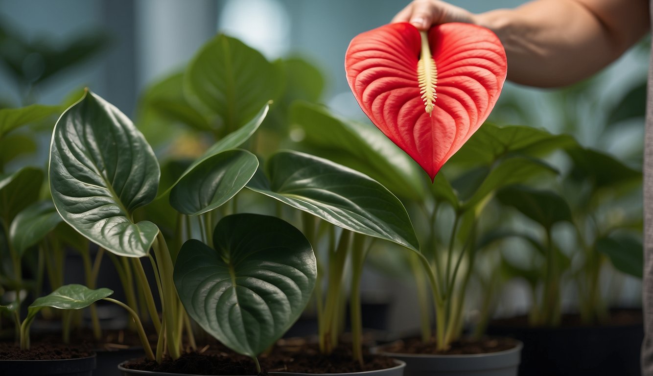 A healthy anthurium plant with vibrant, glossy leaves and a sturdy stem is being carefully pruned to create a cutting.

The cutting is then placed in a clean, moist growing medium to encourage root development