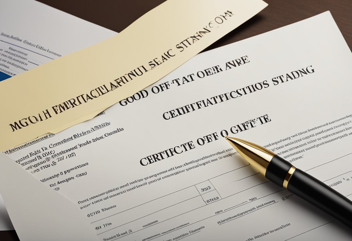 A person requests a certificate of good standing from a state office. The office provides the necessary forms and guidance