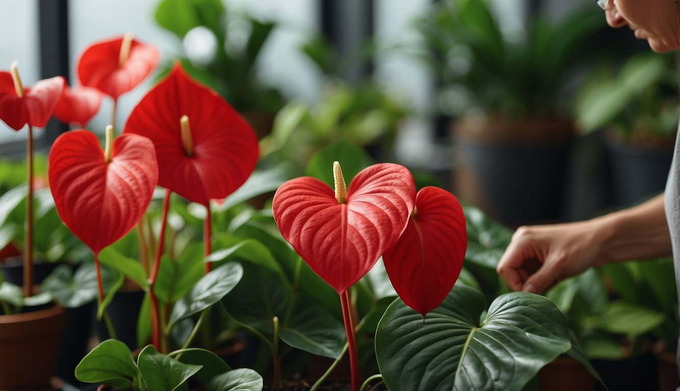 Lush green leaves and vibrant red flowers of Anthurium Andraeanum thrive in a bright, humid environment.

A gardener carefully tends to the cuttings, ensuring proper moisture and light for successful propagation