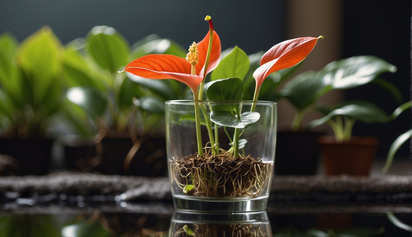 Anthurium plant cuttings placed in water, roots emerging, new leaves unfurling, thriving plants in various stages of growth