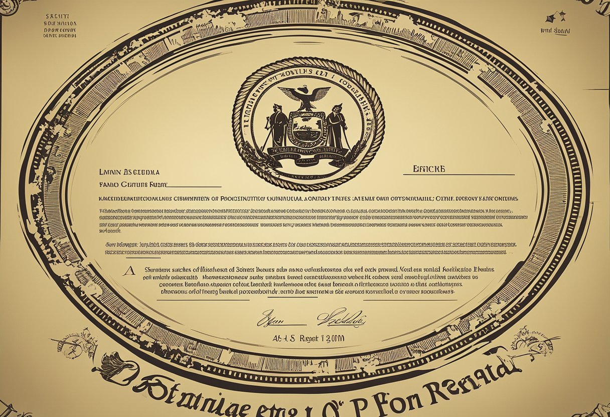 A state seal is affixed to a certificate of good standing, with the state name and date clearly visible. The document is surrounded by official stamps and signatures