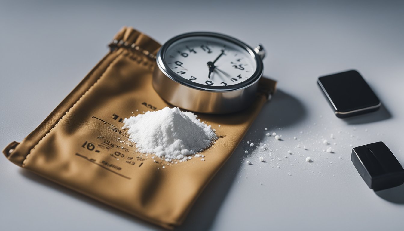 A small bag of white powder sits on a flat surface, with a razor blade and rolled-up bill nearby. A digital clock in the background shows the passing of time