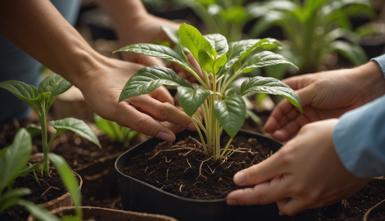 A pair of hands carefully separate a healthy zebra plant into smaller sections, each with their own roots, ready for re-potting