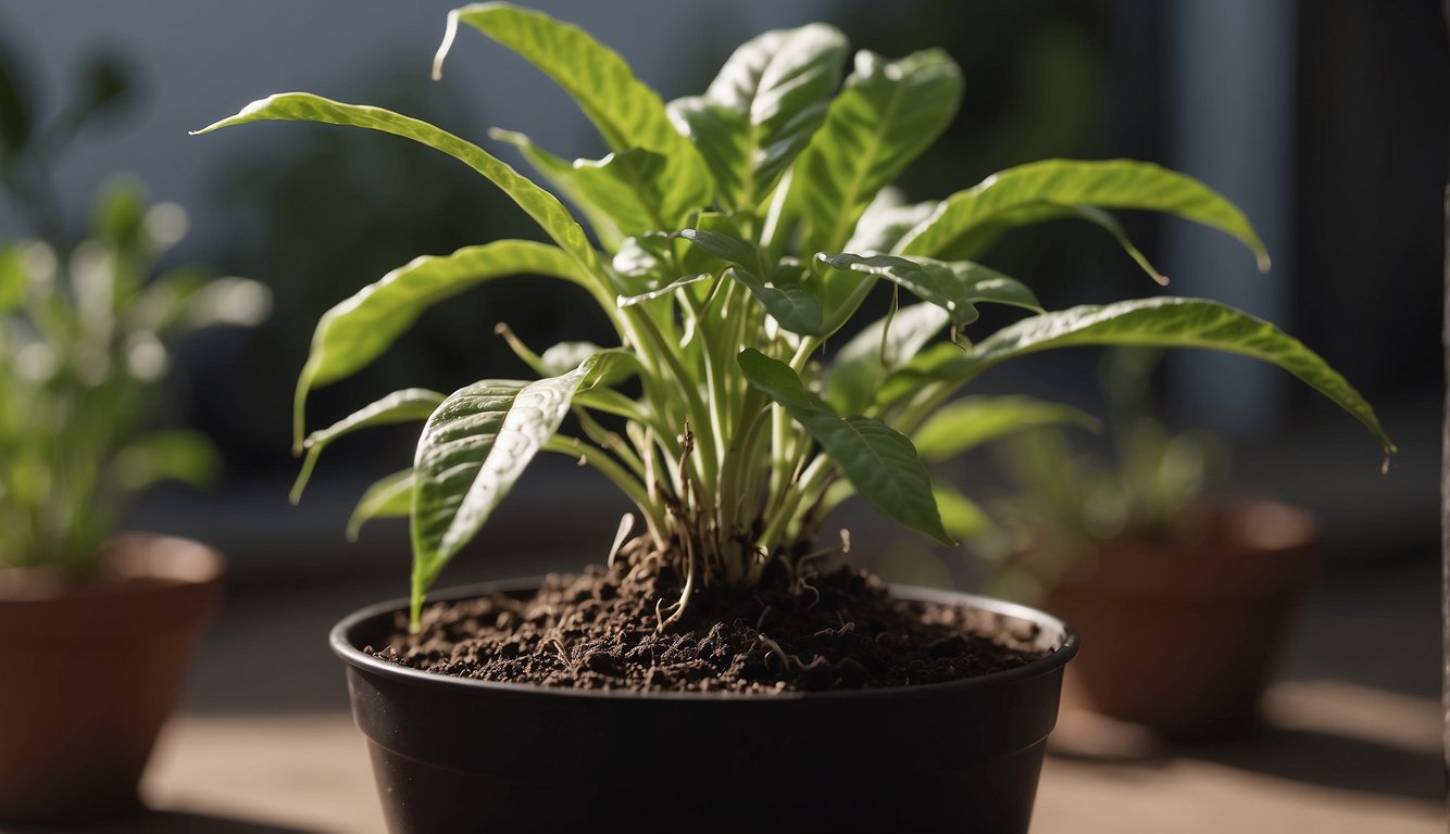 A zebra plant cutting is placed in a pot of moist soil, with a plastic bag covering it to create a humid environment.

Roots begin to grow from the cutting, while new leaves emerge from the stem