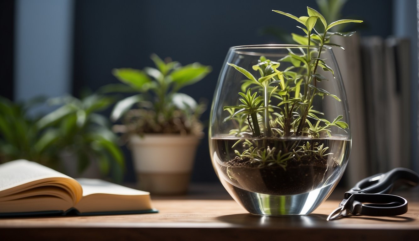 A new zebra plant cutting sits in a glass of water, roots forming.

A hand-written guidebook lays open beside it, with a pair of pruning shears nearby