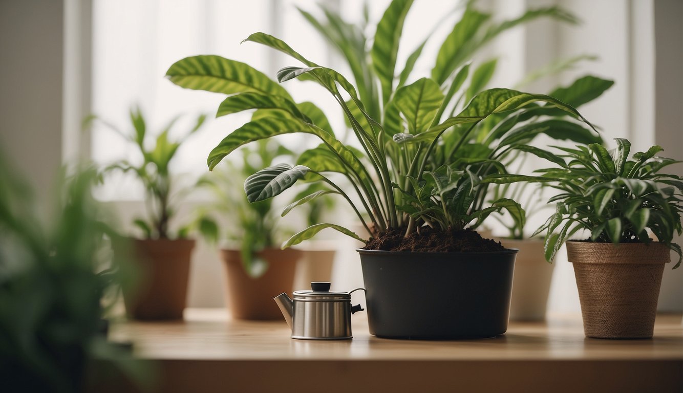 A zebra plant sits in a bright room, its leaves wilting.

A watering can and a bag of well-draining soil are nearby. The plant is surrounded by other healthy, thriving houseplants