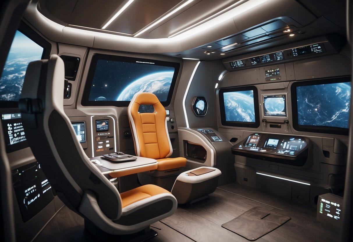 A spacecraft interior with ergonomic furniture and interactive interfaces, optimized for human comfort and efficiency in microgravity