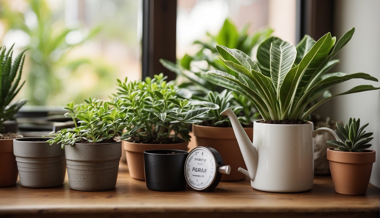 A zebra plant sits on a sunny windowsill, surrounded by small pots of soil, a watering can, and a gardening book titled "Propagating Zebra Plants."